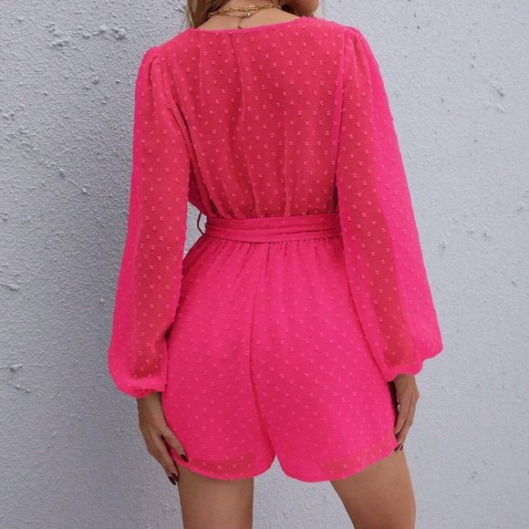 Pink Boho Womens Surplice Neck Lantern Sleeve Belted Swiss Dot Chiffon … - Picture 2 of 5